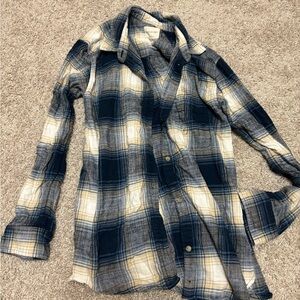 Blue and Cream Plaid Flannel Button up with ripped elbows